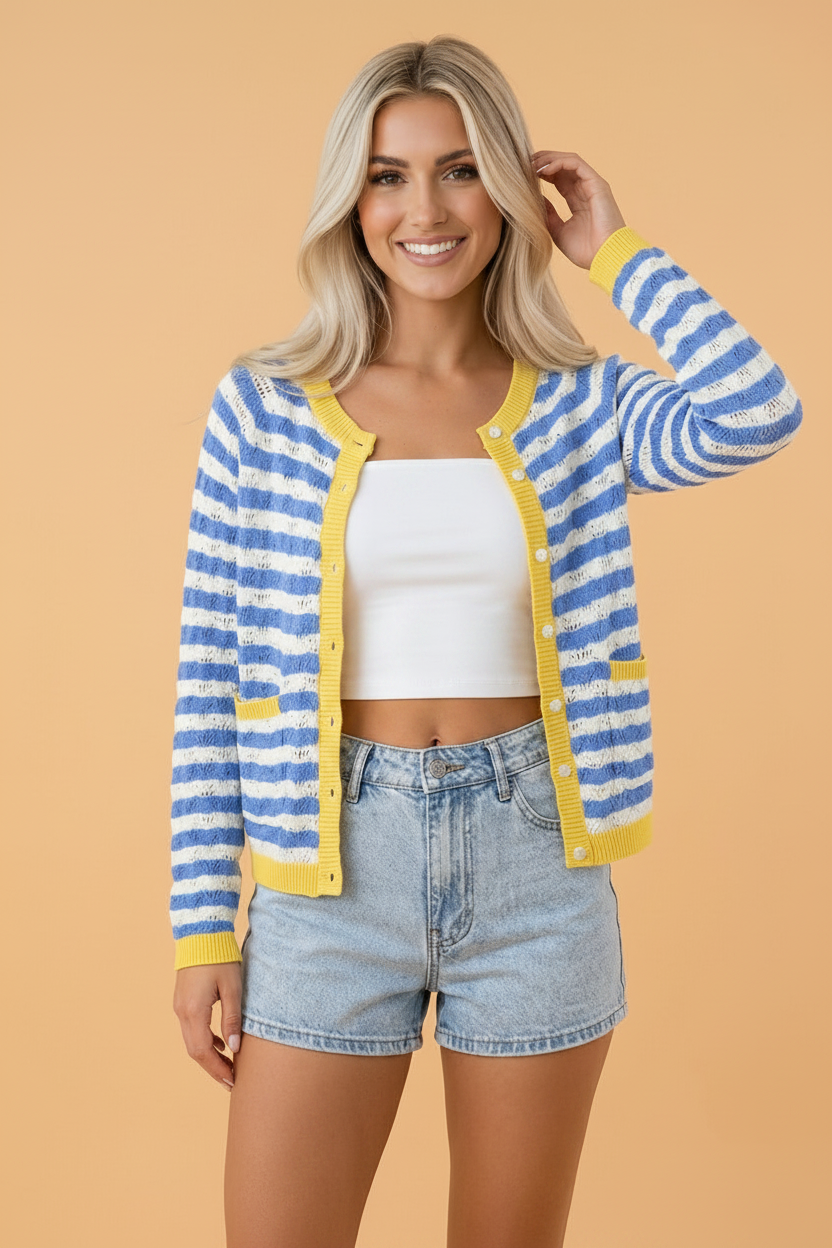 Stripe Colorblock Button Front Knit Cardigan Pretty Bash