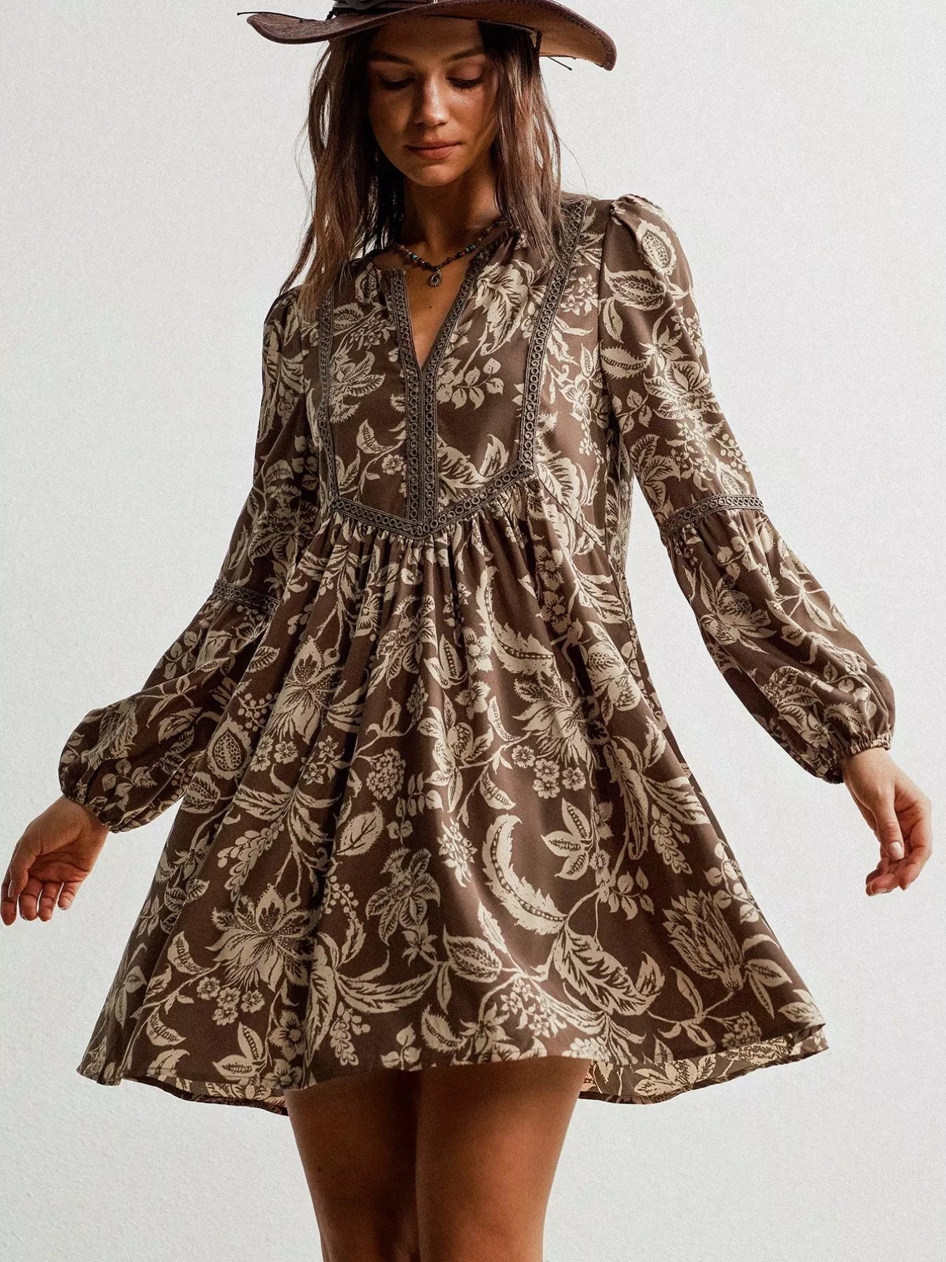 Plus Size Printed Notched Long Sleeve Dress Shopimist