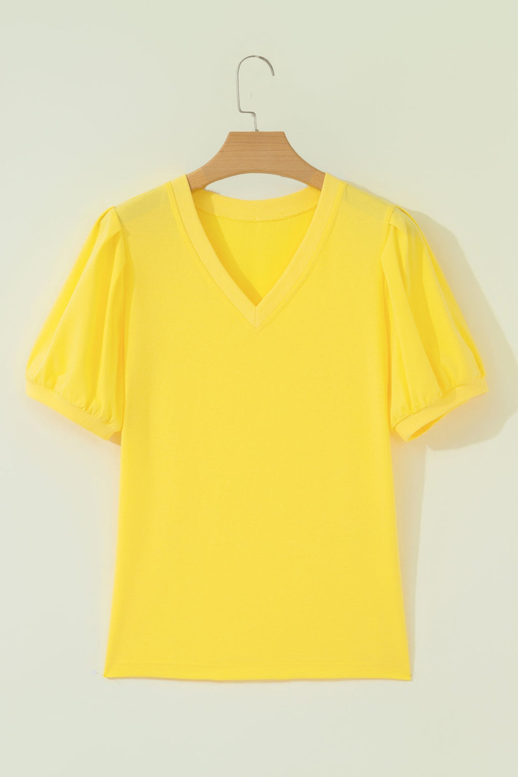 Solid V-Neck Short Puff Sleeve Blouse Pretty Bash