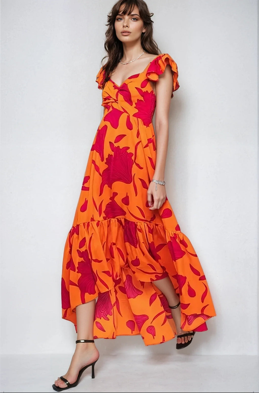Vibrant Fire Floral High Low Maxi Dress Fitkitty Culture Athleisure Wear, Yoga Wear & Women's Clothing