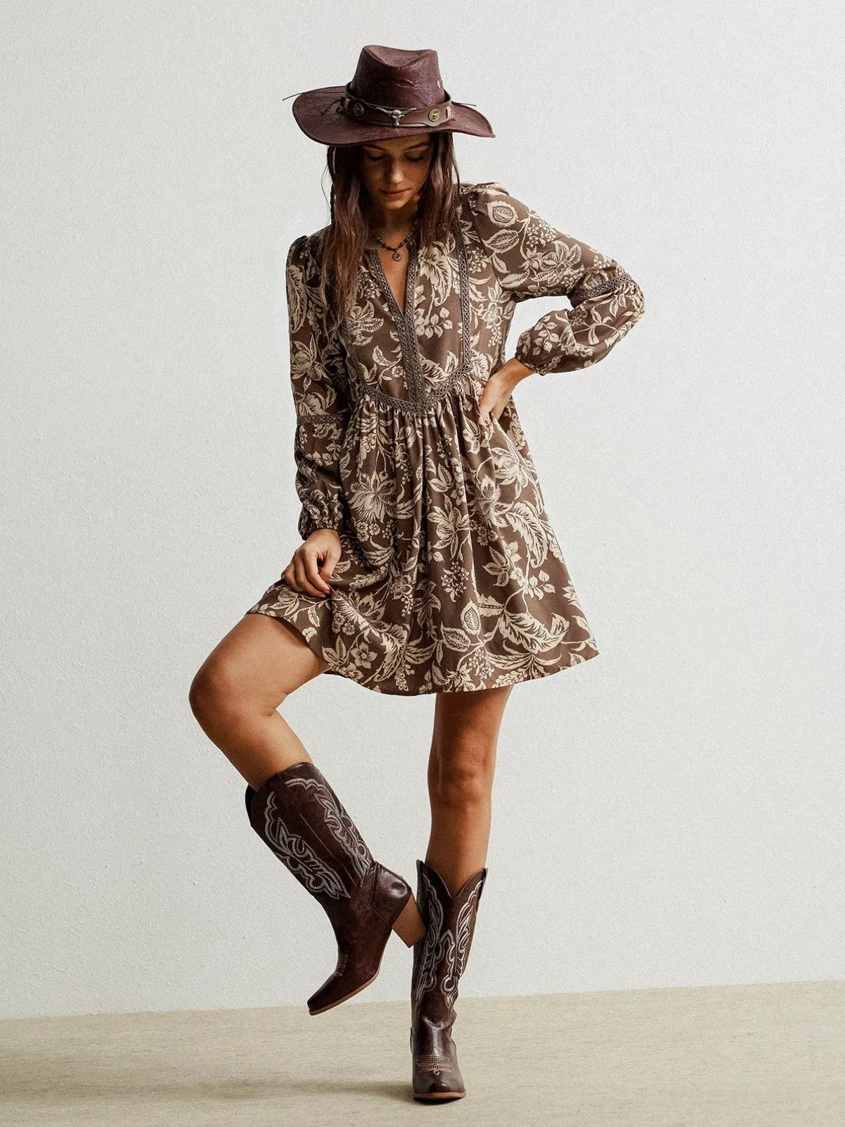 Plus Size Printed Notched Long Sleeve Dress Shopimist