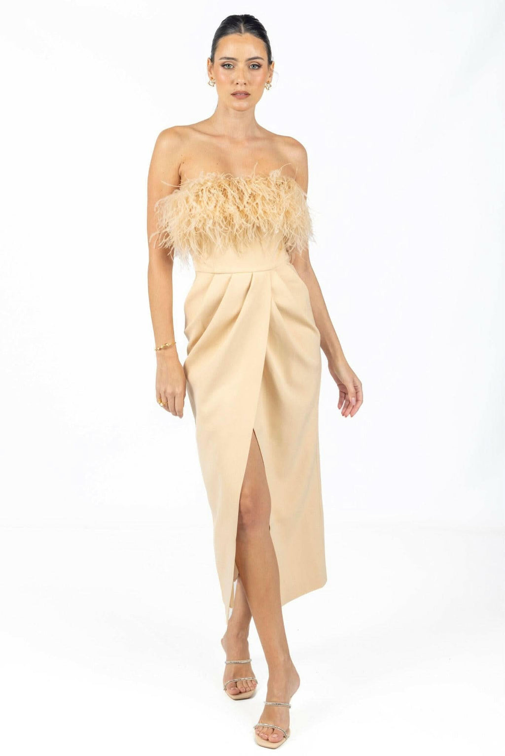Diane Midi Feather Dress Beige Akalia