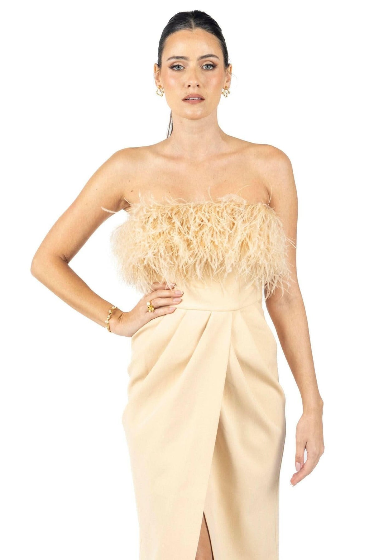 Diane Midi Feather Dress Beige Akalia