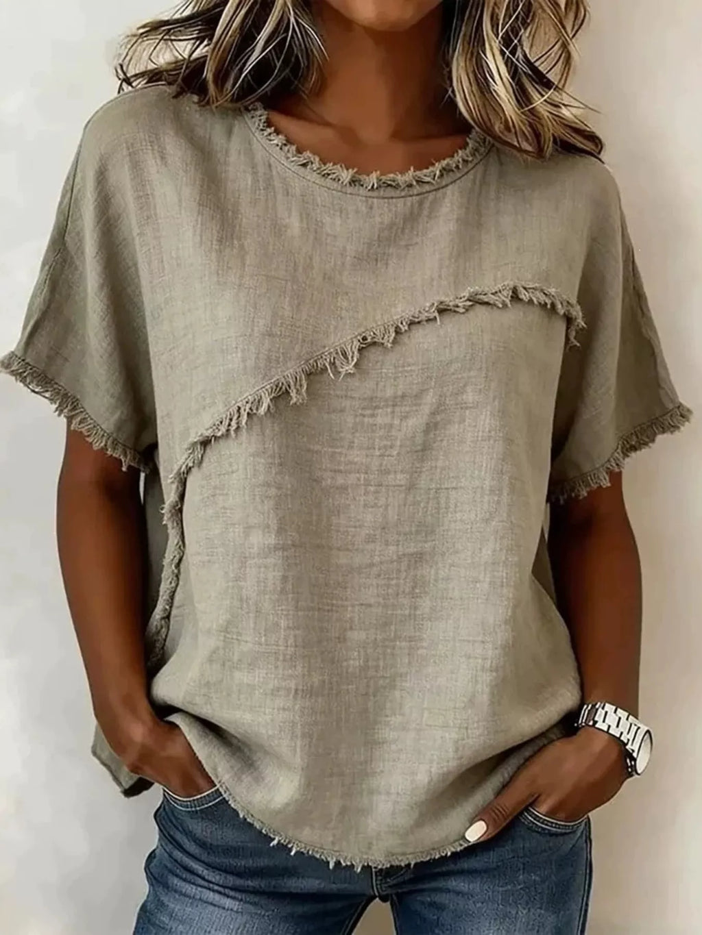 Full Size Frayed Hem Short Sleeve Top Plus Size Shopimist