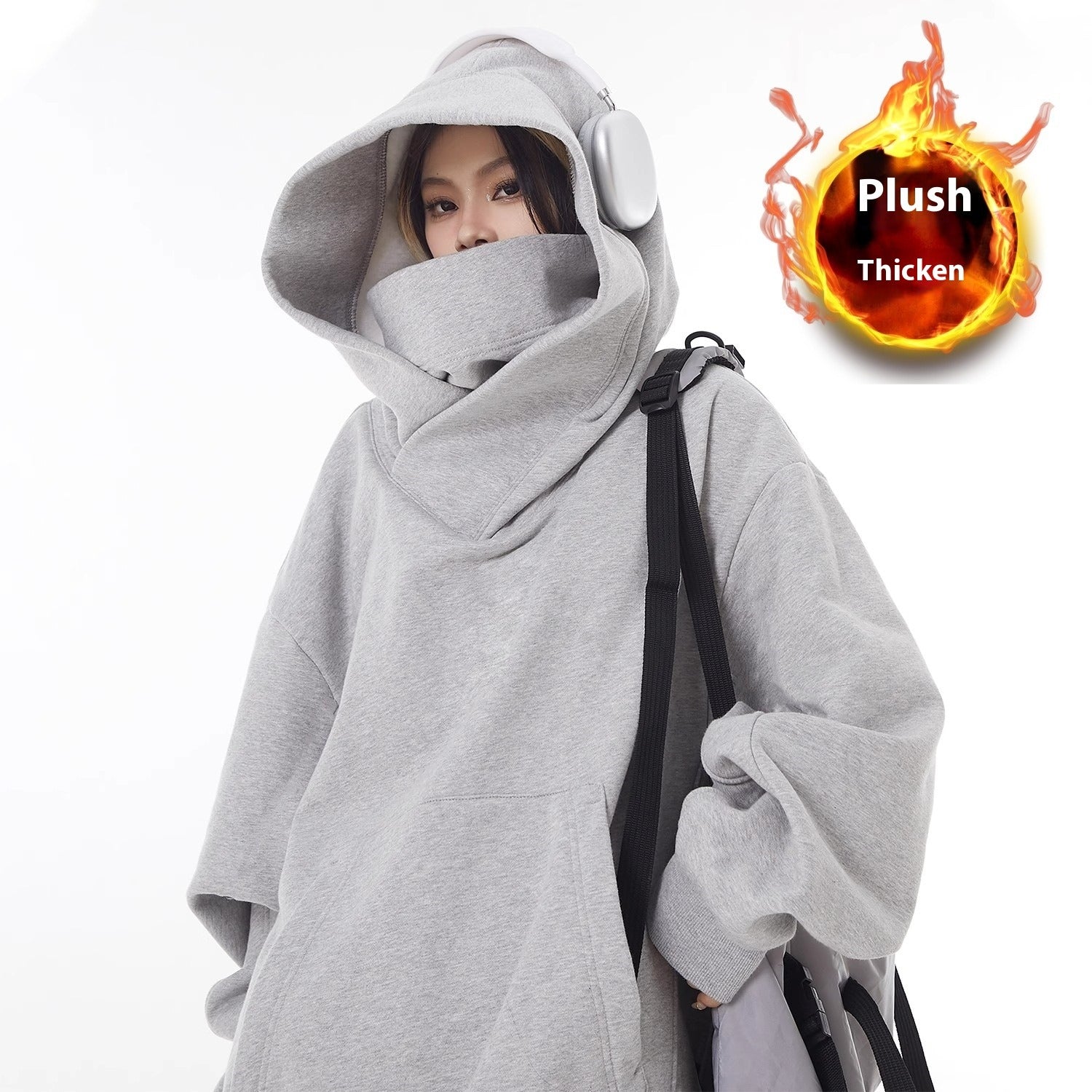 Loose High Collar Fleece Lined Hoodie Wear for Art Thou