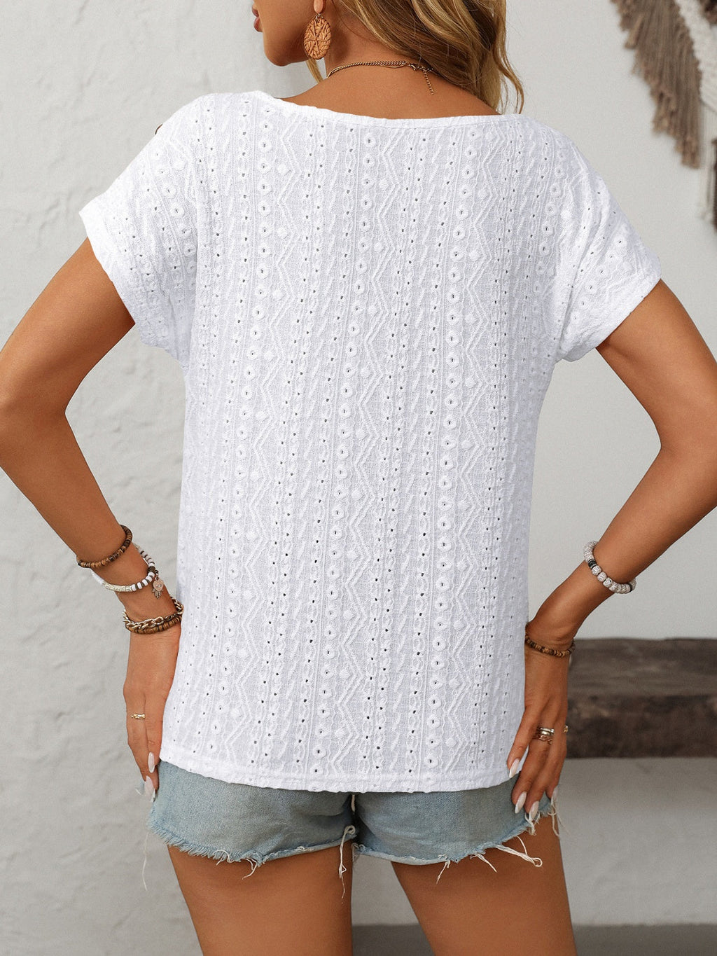 Mandy Eyelet Round Neck Short Sleeve Top VYSN