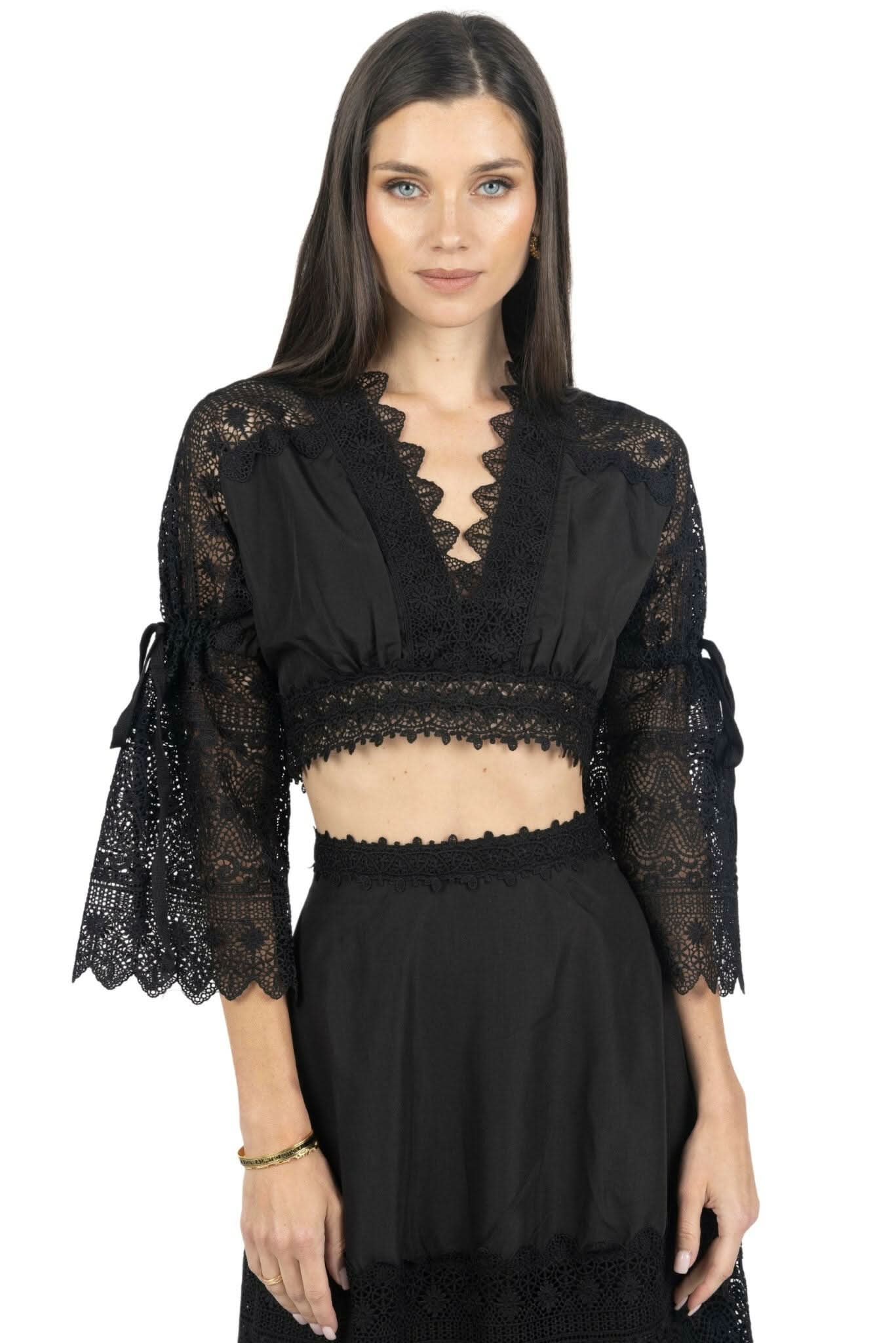 Emily Guipure Lace Top & Maxi Skirt Set In Black Akalia