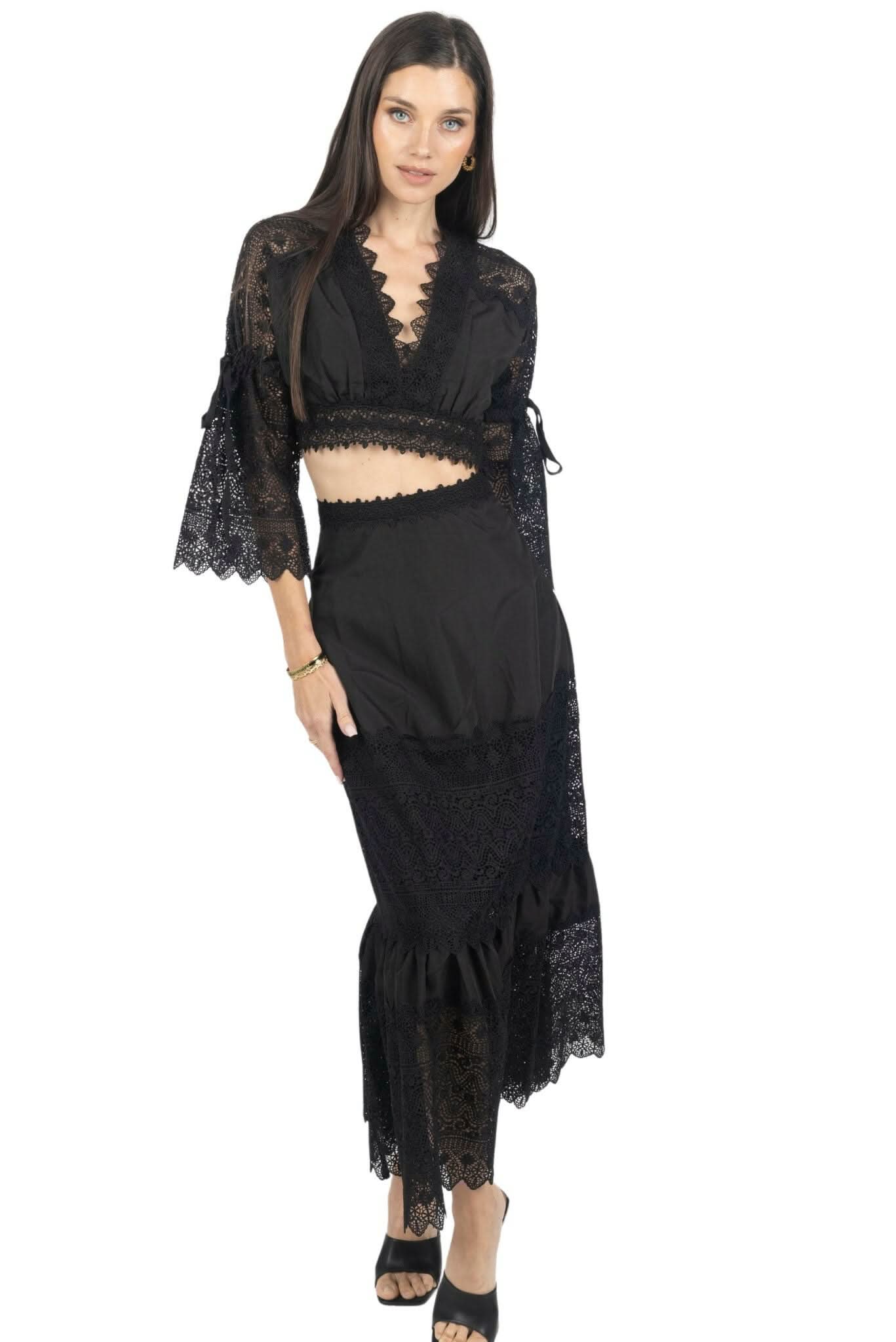 Emily Guipure Lace Top & Maxi Skirt Set In Black Akalia