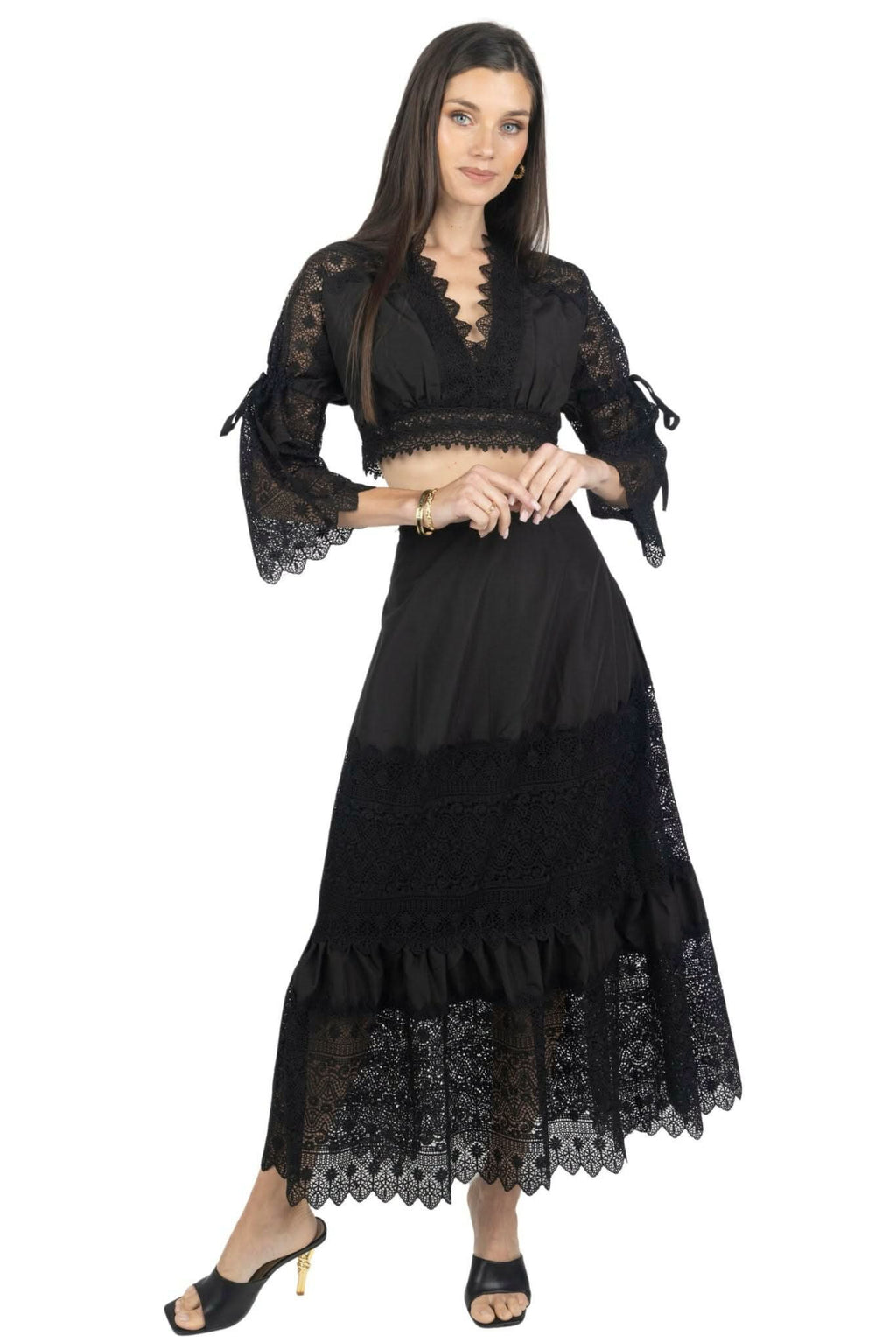 Emily Guipure Lace Top & Maxi Skirt Set In Black Akalia