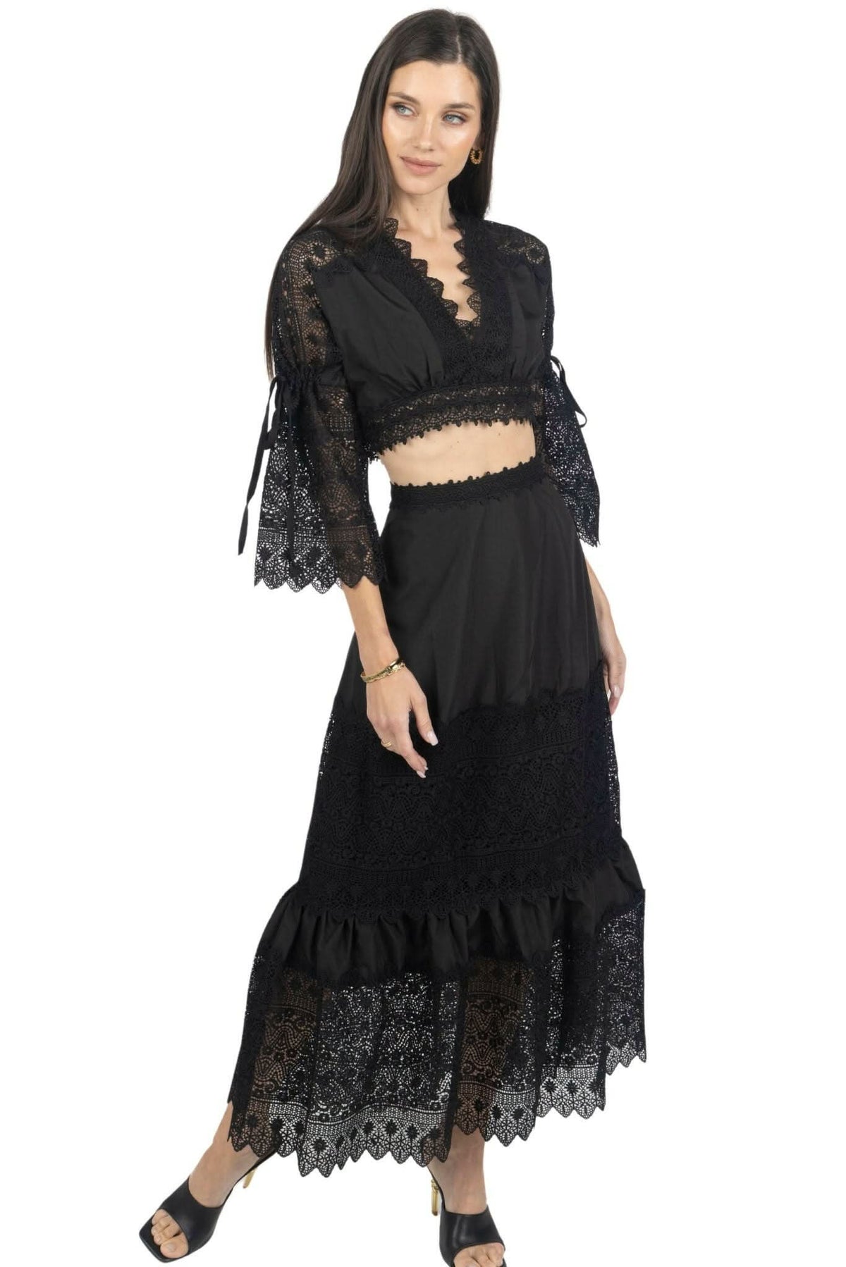 Emily Guipure Lace Top & Maxi Skirt Set In Black Akalia