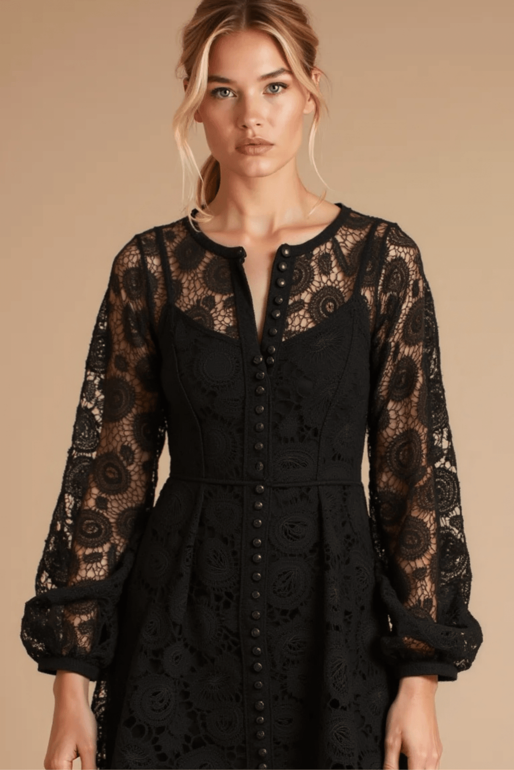 Liane Long Sleeve Mini Lace Dress (Black) Akalia