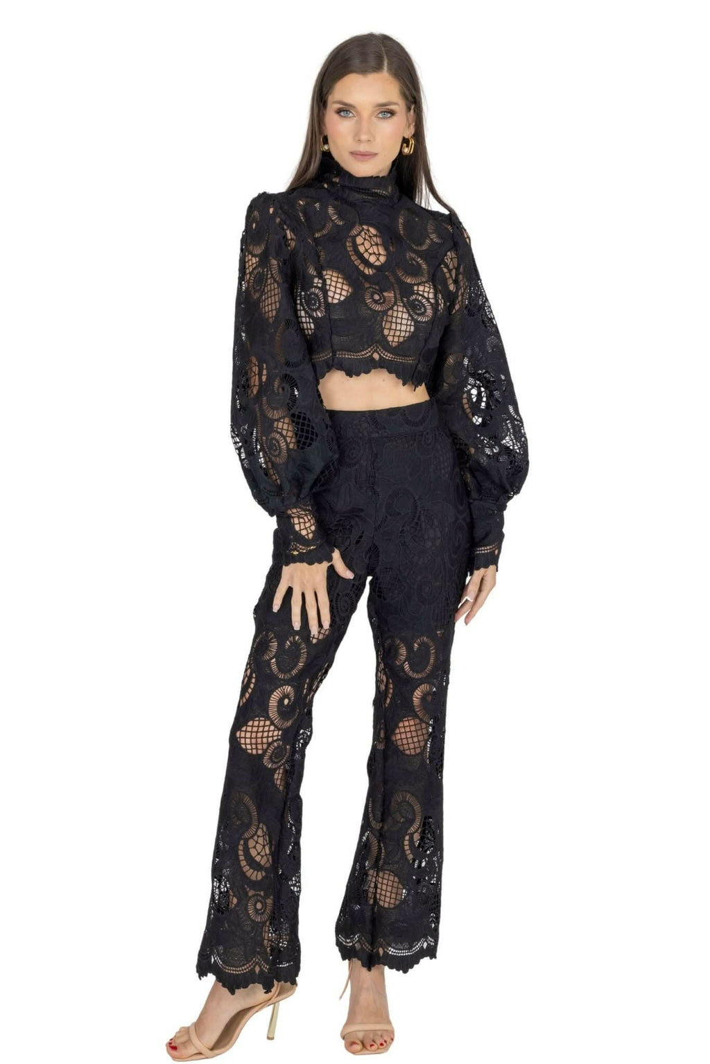 Rebecca Guipure Lace Top & Pant Set In Black Akalia