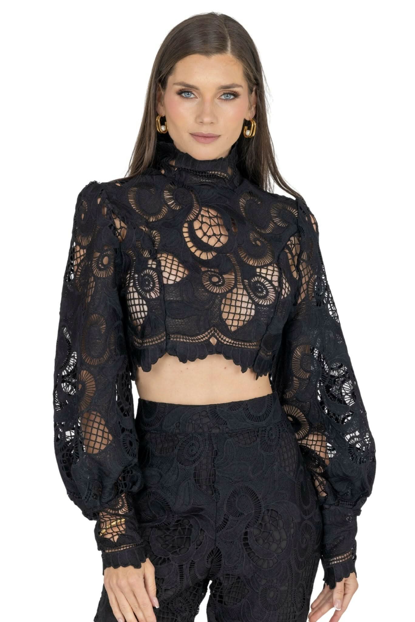 Rebecca Guipure Lace Top & Pant Set In Black Akalia