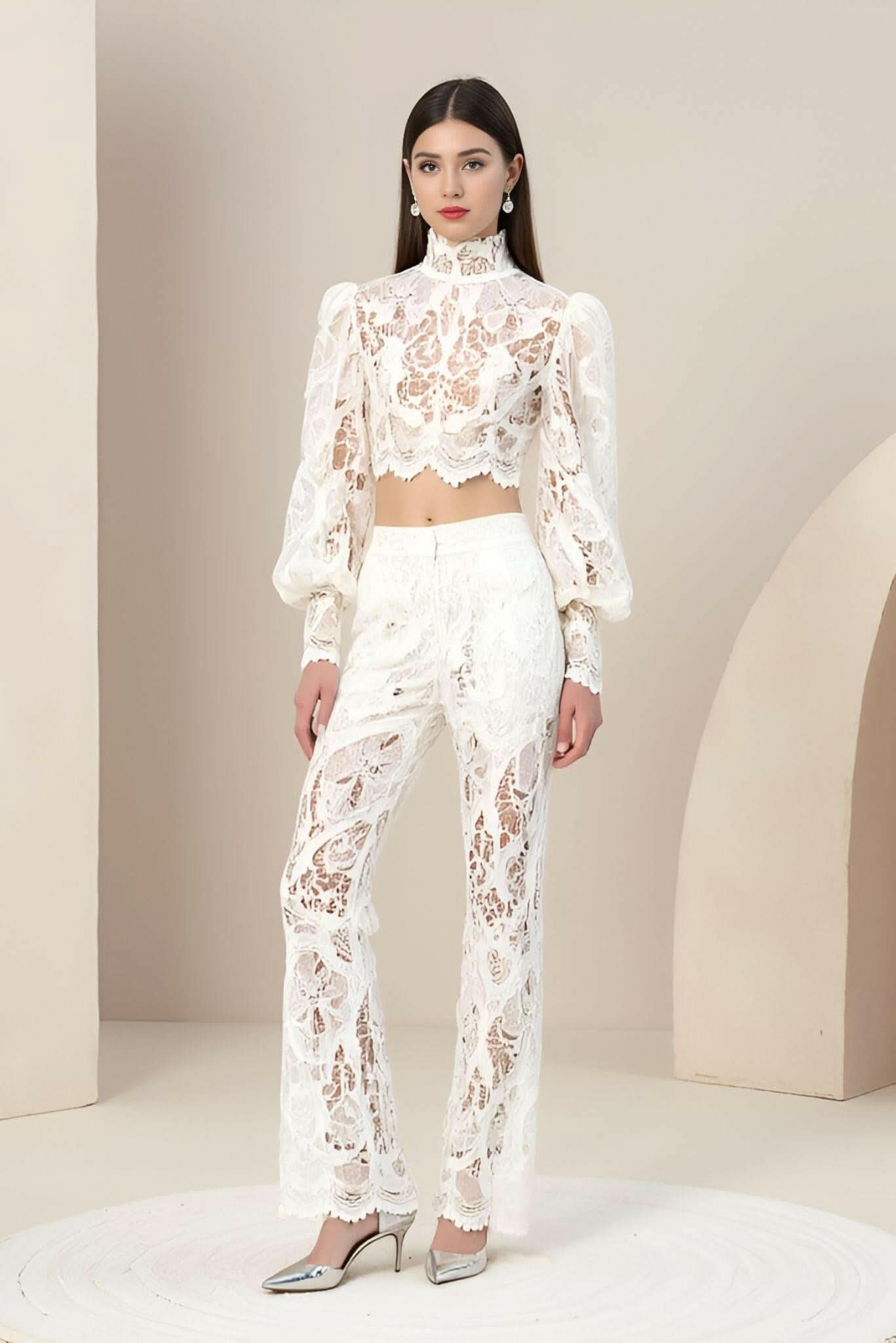 Rebecca Guipure Lace Top & Pant Set In White Akalia