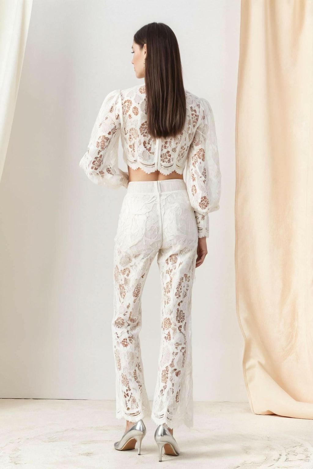Rebecca Guipure Lace Top & Pant Set In White Akalia